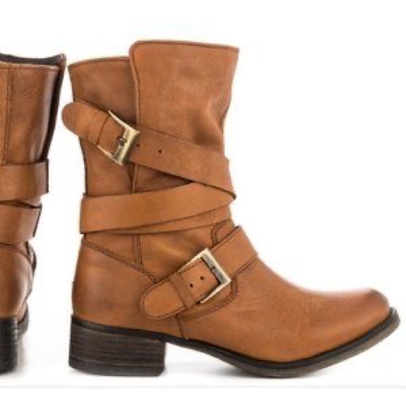 Steve Madden Brewzzer Cognac Leather Belted Mid-Calf Boots - Picture 2 of 11